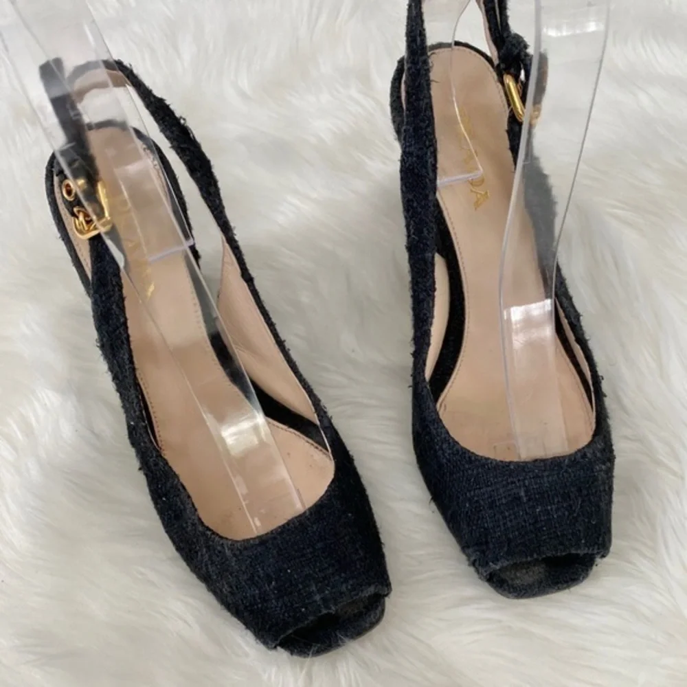 Prada tweed slingback peep toe wedges, Sz. 36.5